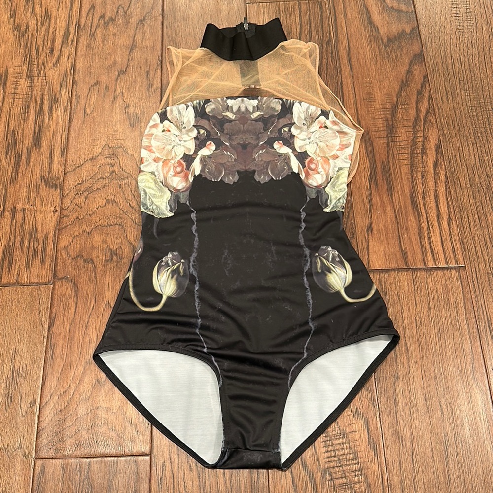 Maldire leotard in the consort cut in the beautiful orchard print in size small.